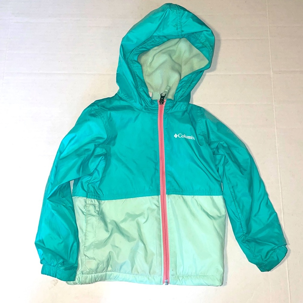 4-T fairly worn little girl 2 tone green Columbia jacket
